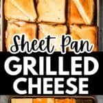 a stack of grilled cheese sandwiches sliced in half on a sheet pan