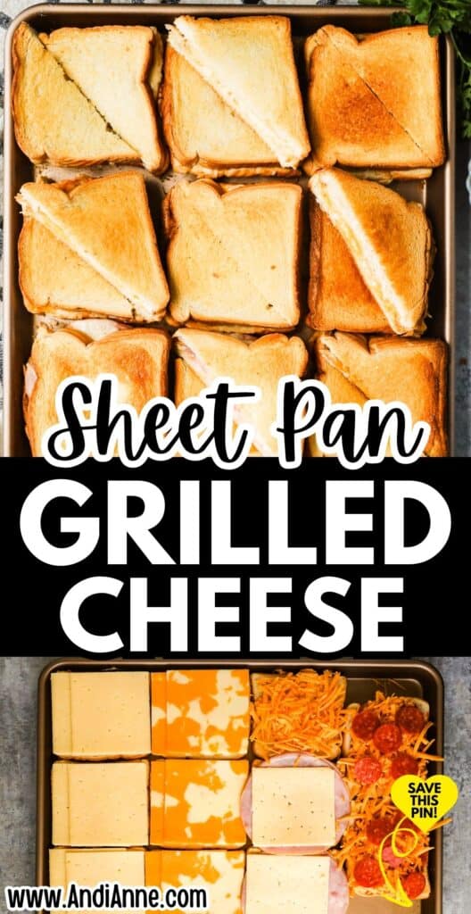 a stack of grilled cheese sandwiches sliced in half on a sheet pan