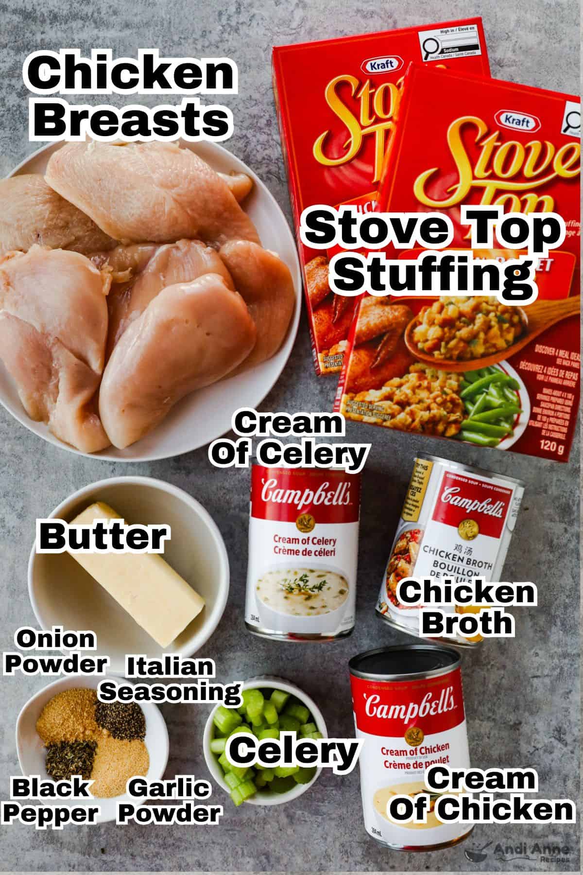 various ingredients to make slow cooker chicken and stuffing