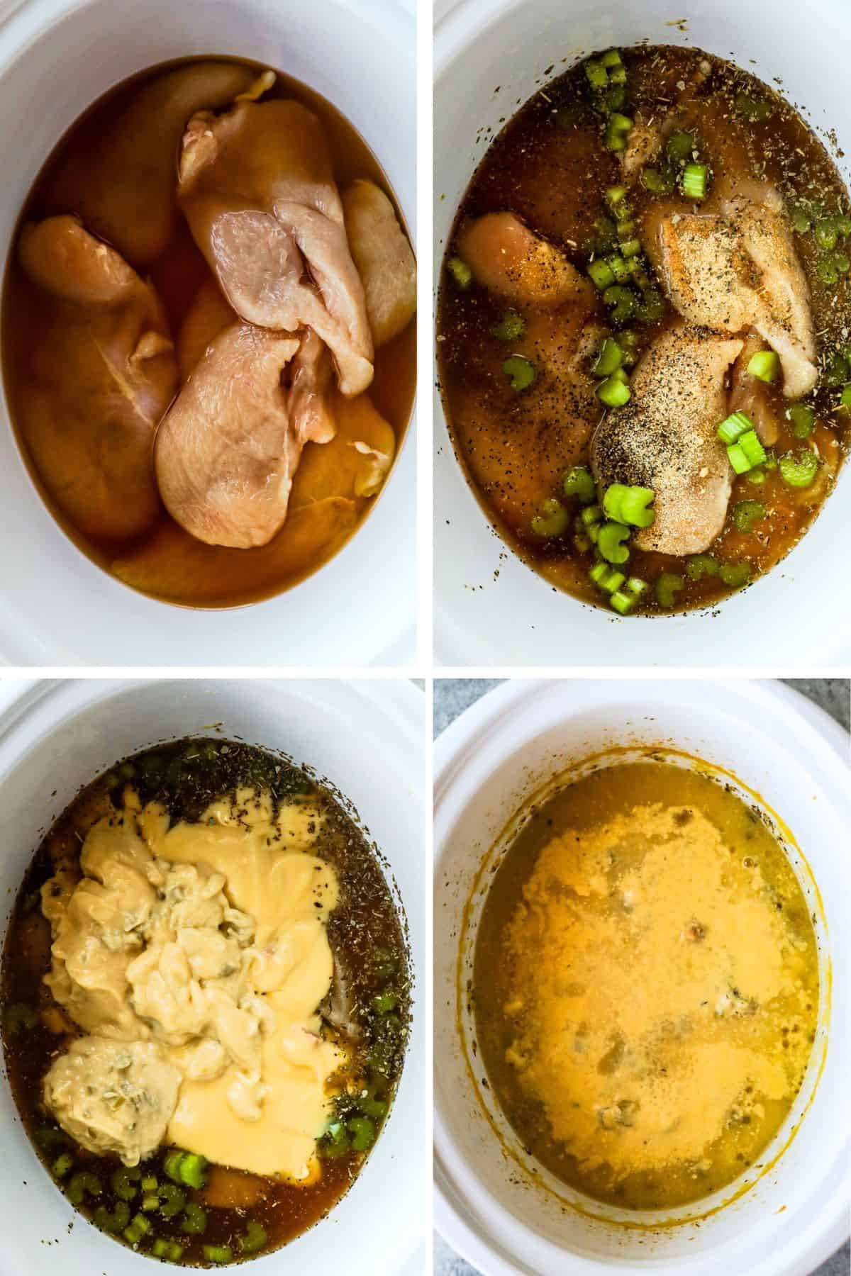 Four slow cooker images of recipe in various stages