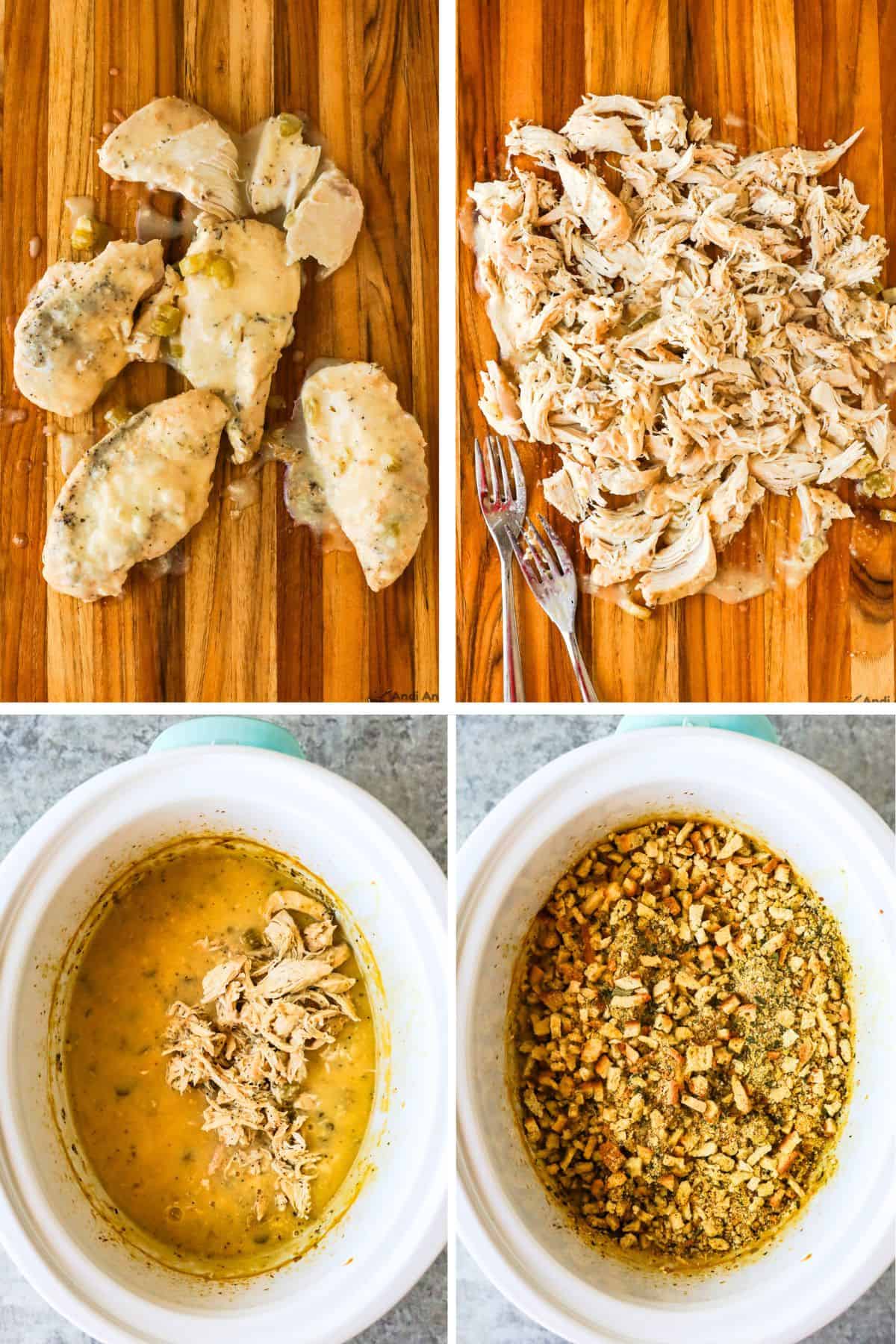 Four images, first two of chicken on cutting board - whole then shredded, last two shredded chicken added back and stovetop sprinkled on top in crockpot