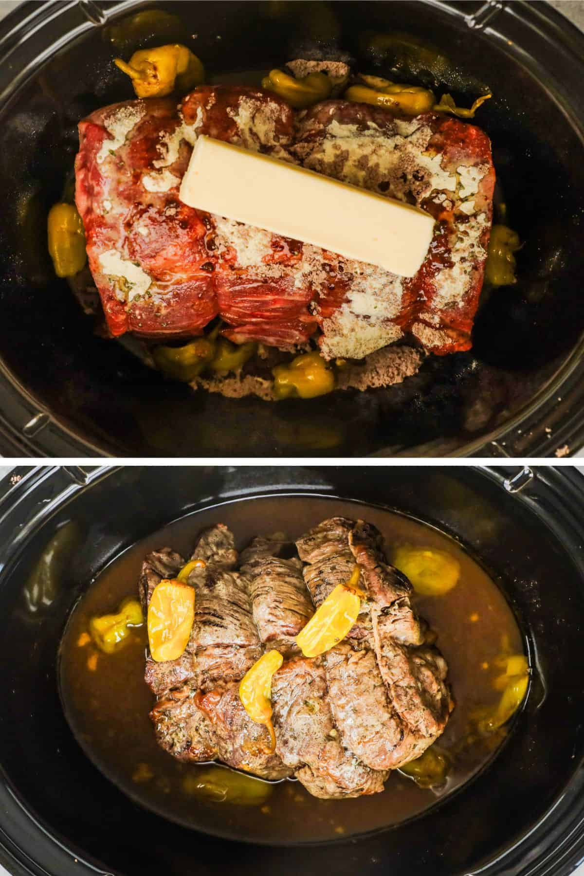 Chuck roast, butter and various ingredients dumped into crockpot raw, then shown cooked