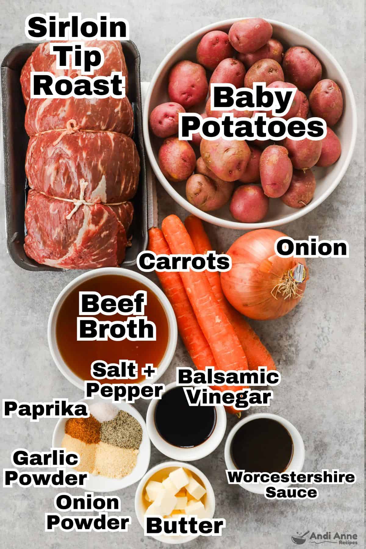 recipe ingredients in bowls for slow cooker sirloin tip roast