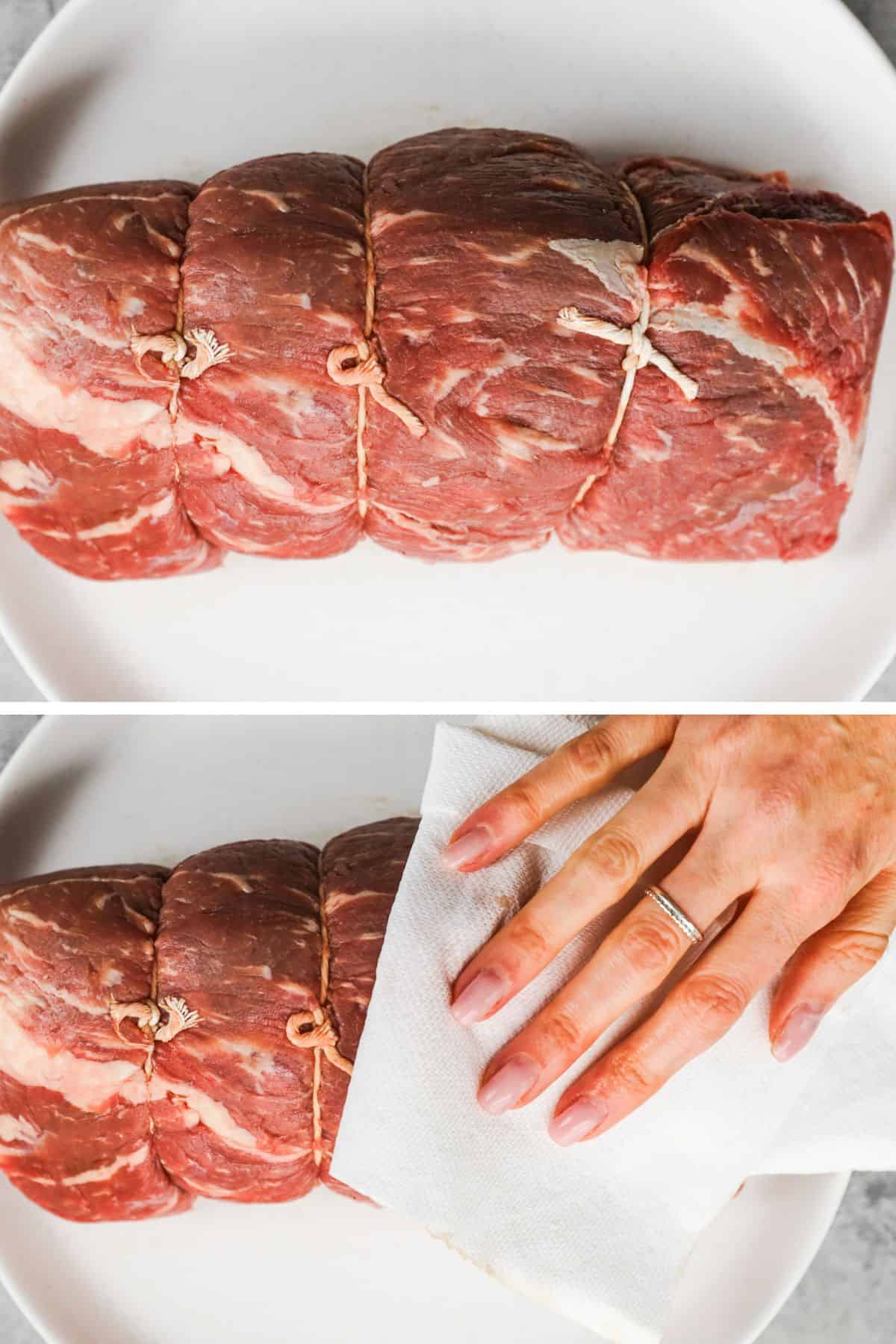 Two images of raw sirloin tip roast