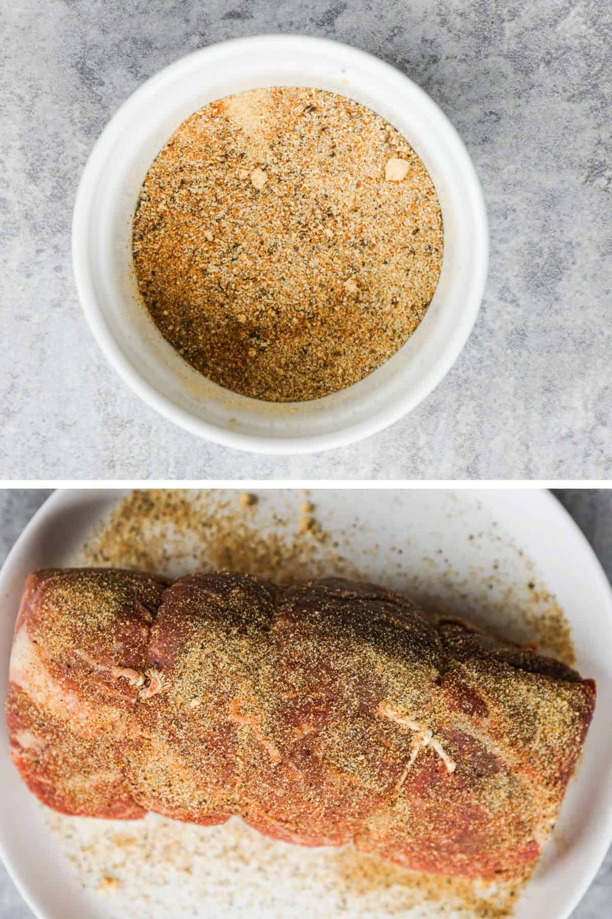 a bowl of mixed spices and raw sirloin tip roast covered in spices