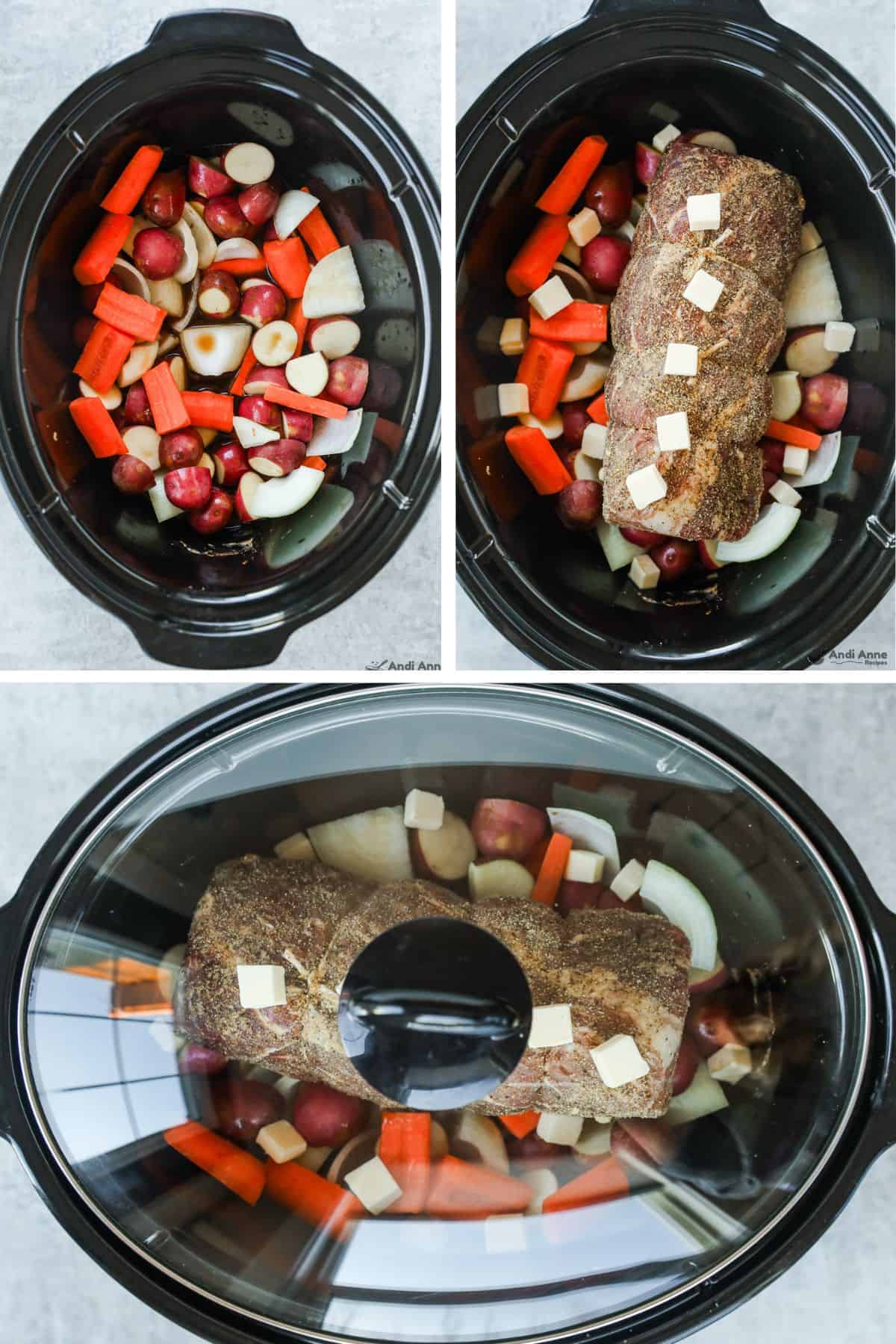 Slow cooker with chopped veggies, then sirloin tip roast topped with chunks of butter and lid put on