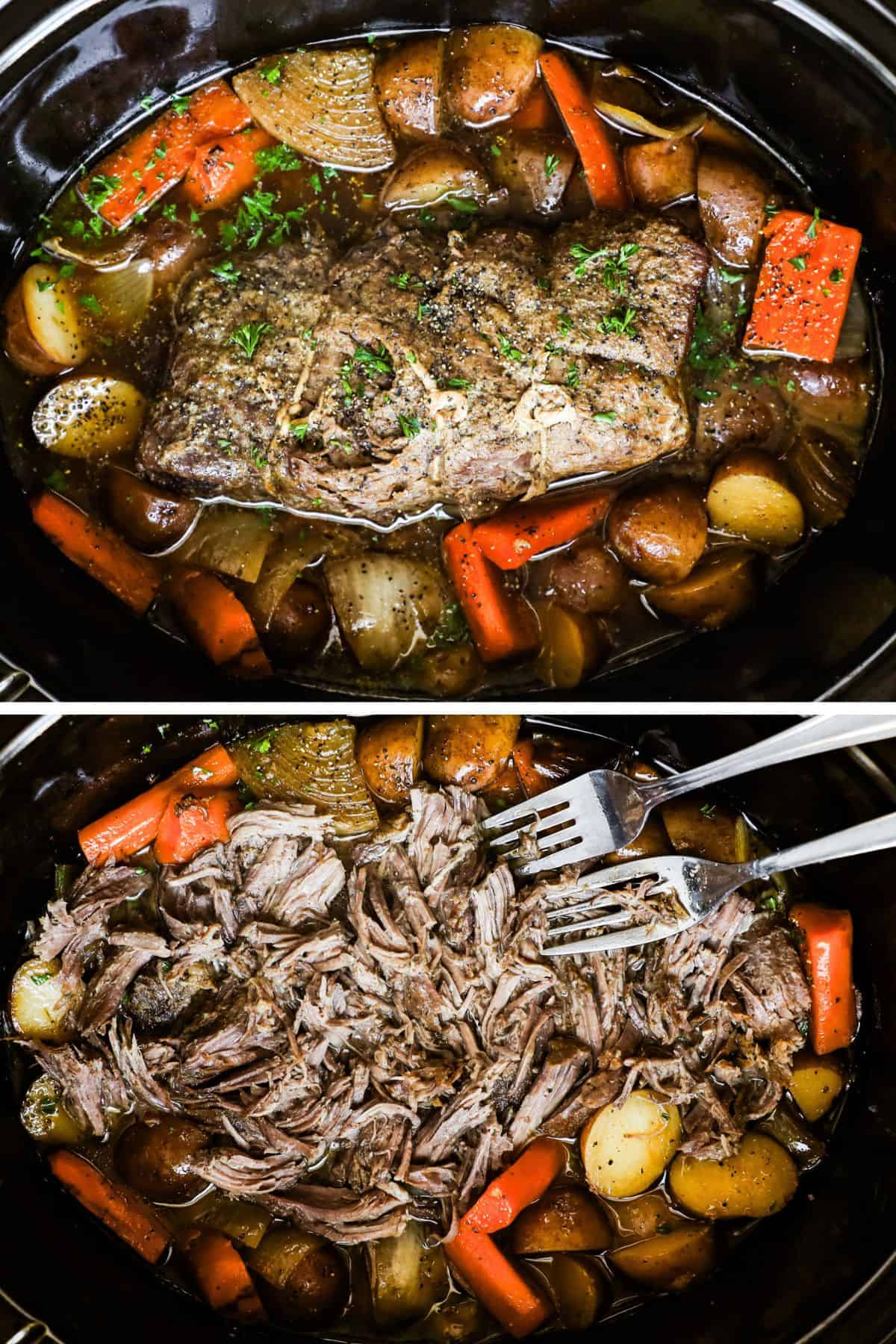Cooked sirloin tip roast in crockpot, first whole then shredded with 2 forks
