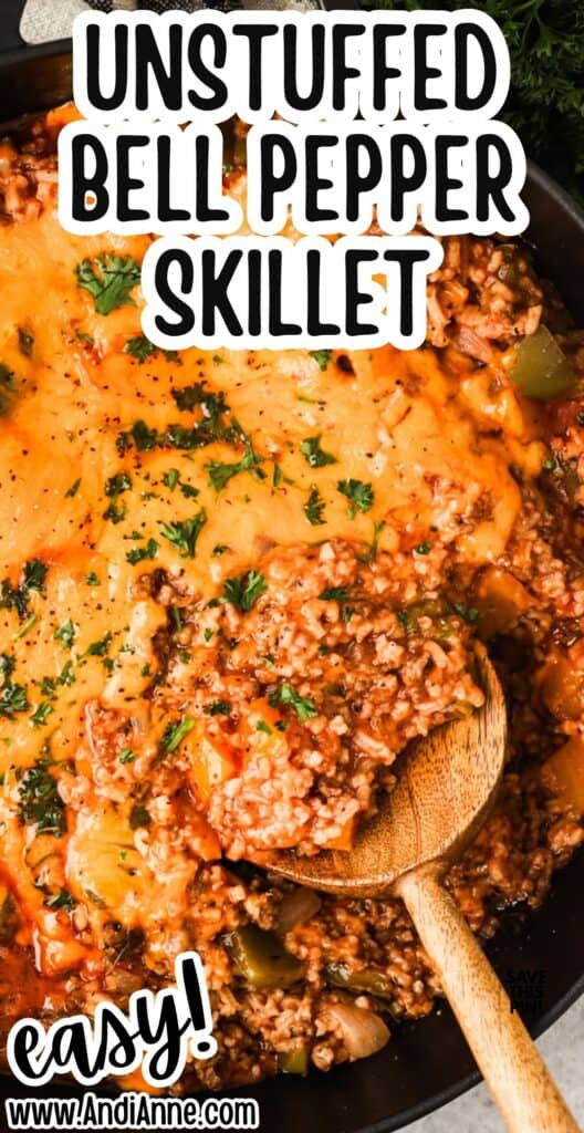close up of unstuffed bell pepper skillet topped with melted cheddar cheese