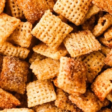 close up of cinnamon sugar chex mix