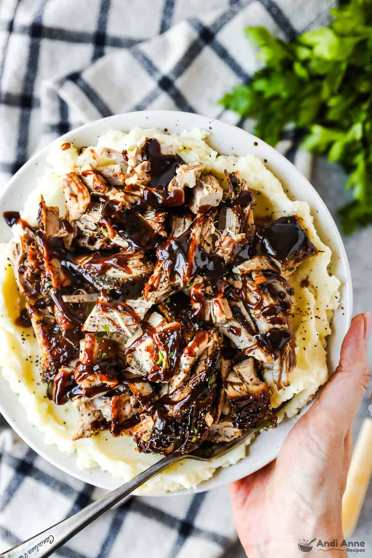 Shredded pork tenderloin coated with sauce over mashed potatoes