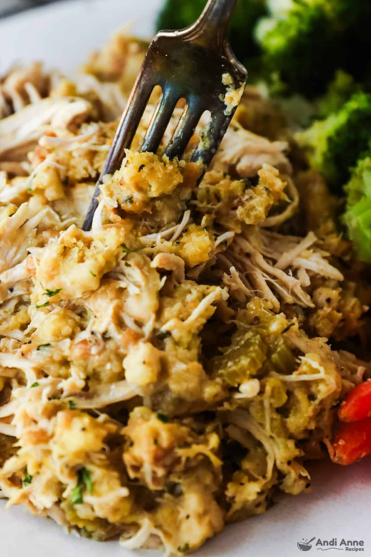close up of chicken and stuffing on plate