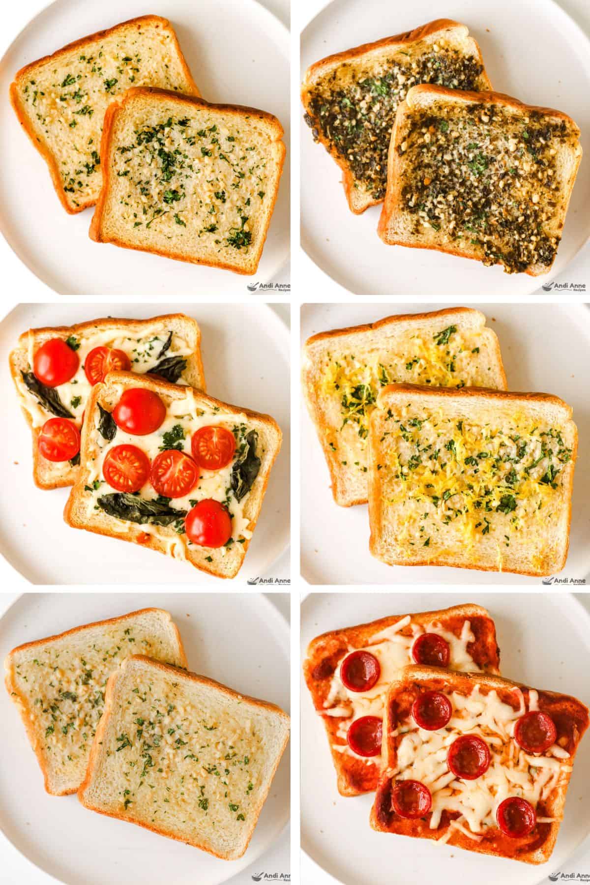 Six homemade garlic toast flavors on a baking sheet including cheesy, pizza, ranch, lemon, pesto, and classic garlic butter.