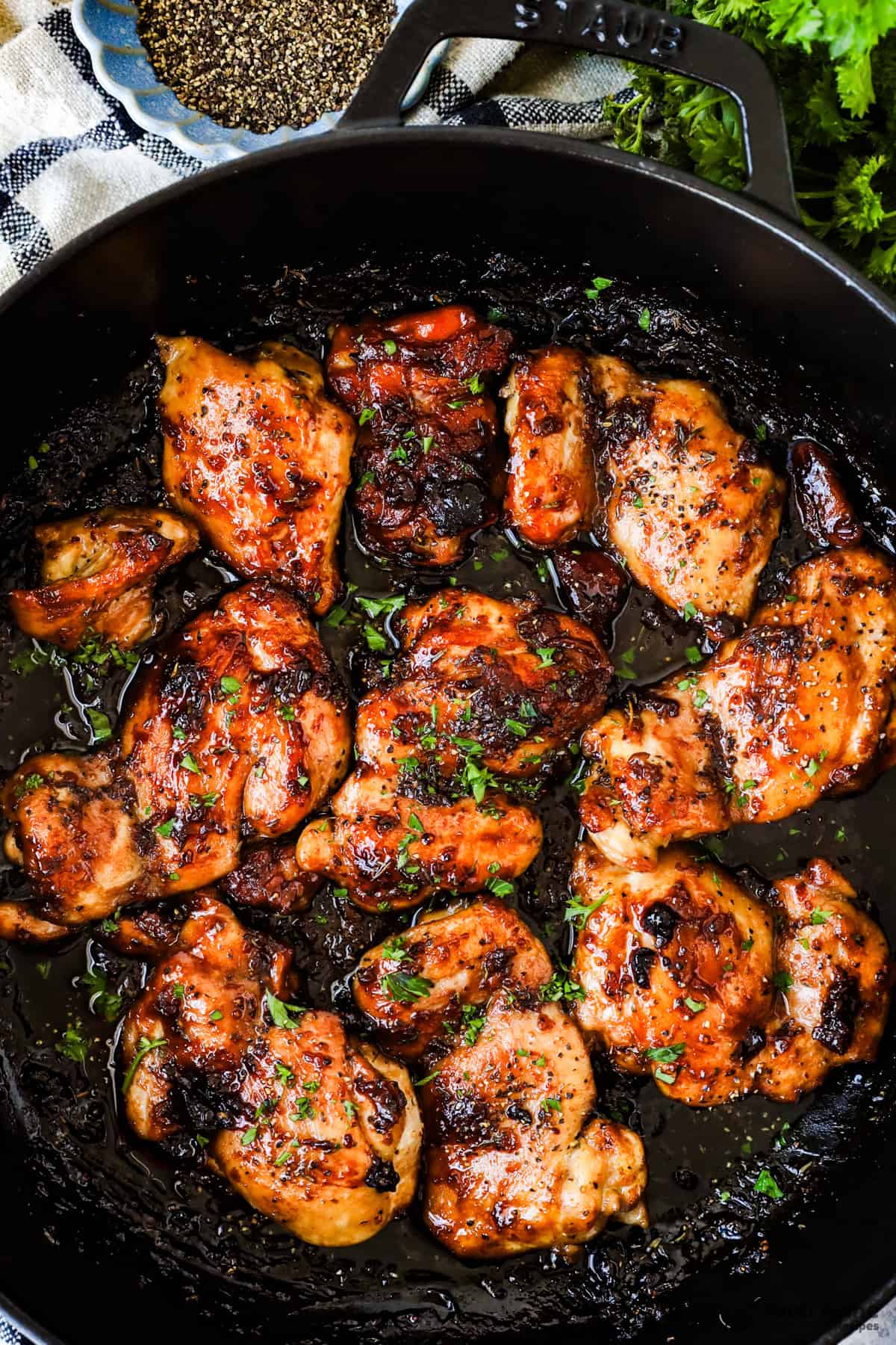 Pot of honey garlic boneless chicken thighs