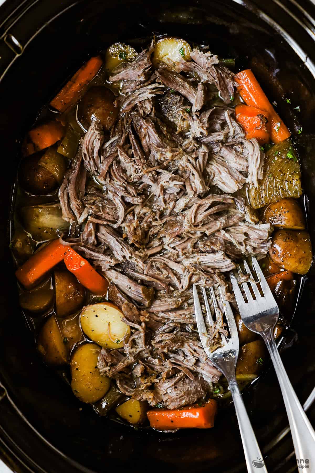 crockpot shredded sirloin tip roast with carrots and potatoes