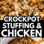 close up of crockpot stuffing and chicken