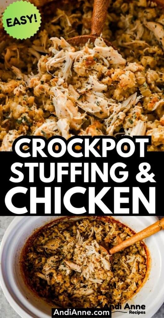 close up of crockpot stuffing and chicken