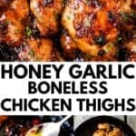 close up of honey garlic boneless chicken things in a skillet