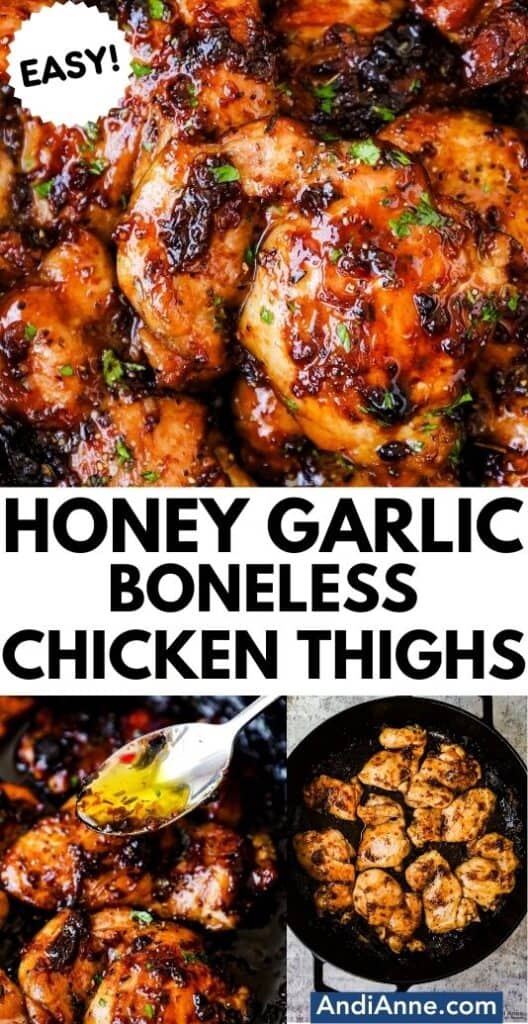 close up of honey garlic boneless chicken things in a skillet