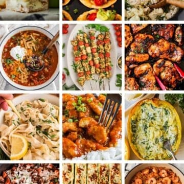 Cheap dinner ideas for families such as apple chicken sandwiches, chicken tostadas, lemon chicken and rice skillet, taco soup, pesto chicken skewers, honey garlic chicken thighs, lemon pasta, sweet and sour chicken bites, garlic parmesan spaghetti squash, ground beef sweet potato skillet, stuffed zucchini boats, and cajun shrimp and rice.