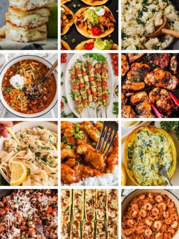 Cheap dinner ideas for families such as apple chicken sandwiches, chicken tostadas, lemon chicken and rice skillet, taco soup, pesto chicken skewers, honey garlic chicken thighs, lemon pasta, sweet and sour chicken bites, garlic parmesan spaghetti squash, ground beef sweet potato skillet, stuffed zucchini boats, and cajun shrimp and rice.