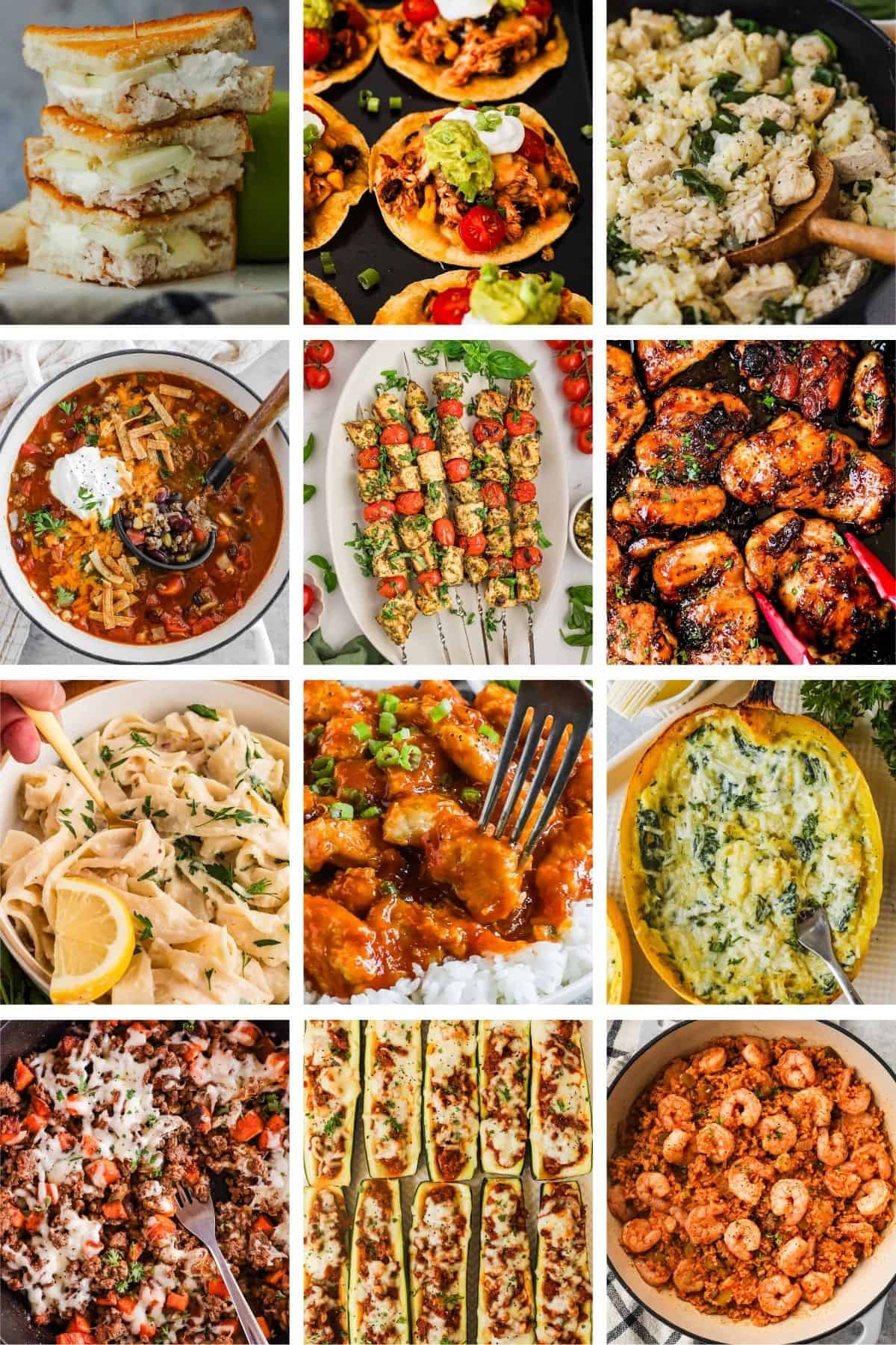 Cheap dinner ideas for families such as apple chicken sandwiches, chicken tostadas, lemon chicken and rice skillet, taco soup, pesto chicken skewers, honey garlic chicken thighs, lemon pasta, sweet and sour chicken bites, garlic parmesan spaghetti squash, ground beef sweet potato skillet, stuffed zucchini boats, and cajun shrimp and rice.