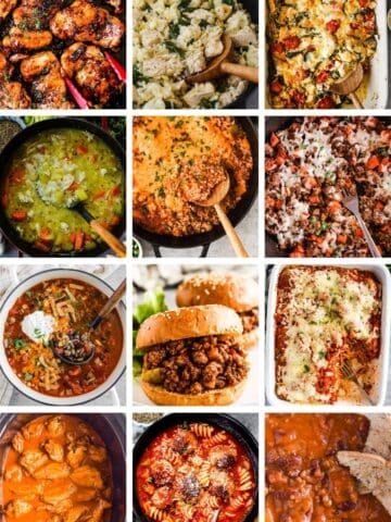 A collage of twelve one pot dinners, honey garlic chicken thighs, lemon chicken rice skillet, vegetarian tortilla soup, sloppy joes, spaghetti and meatballs casserole, slow cooker barbecue chicken wings, and homemade chili.