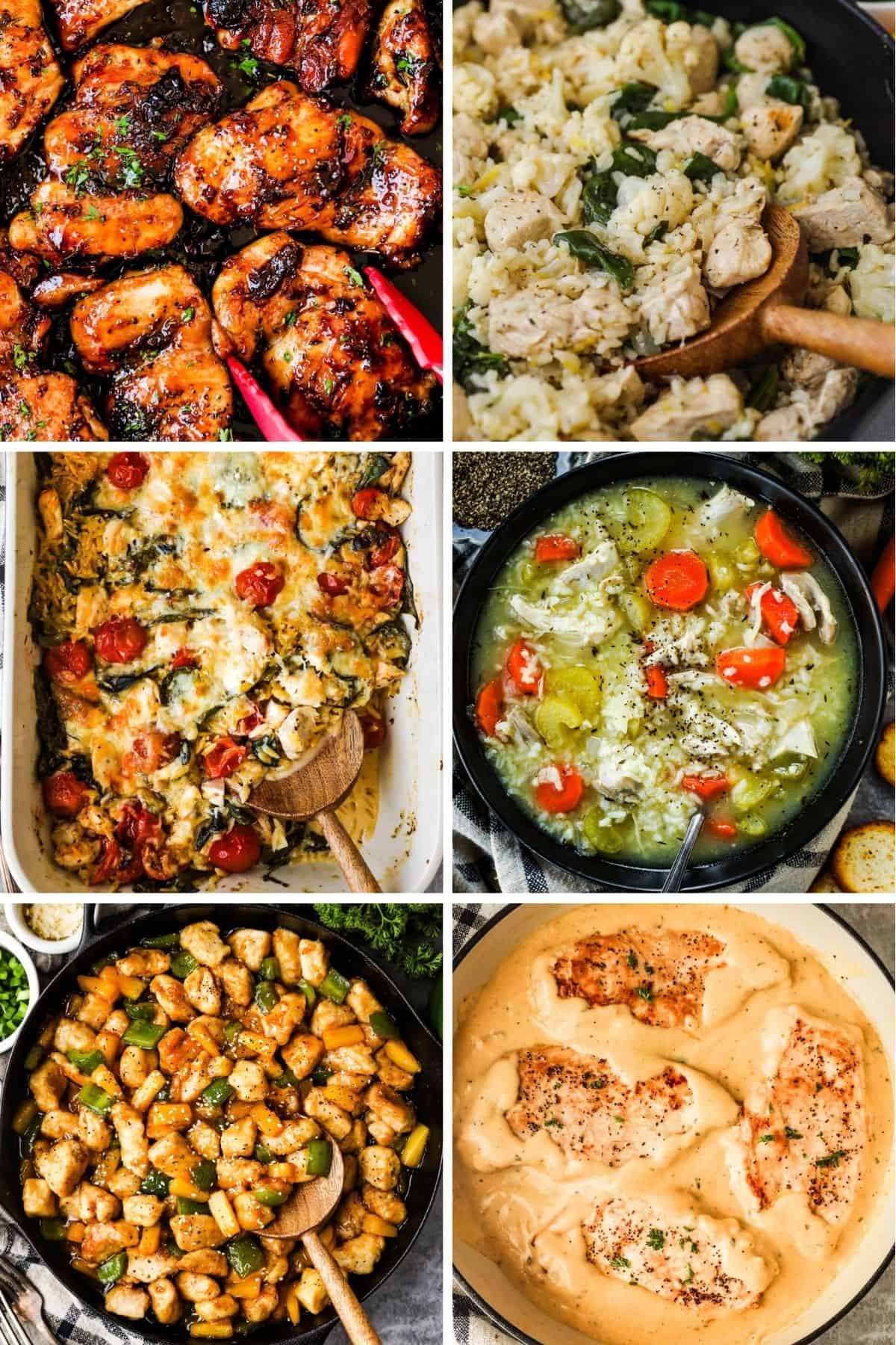 A six image collage with one pot chicken dinners, honey garlic boneless chicken thighs, lemon chicken rice skillet, greek orzo chicken casserole, chicken and rice soup, honey garlic pineapple chicken, and creamy ranch chicken.