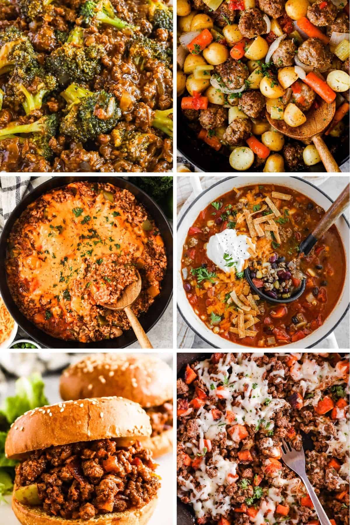 A six image collage with one pot ground beef meals, honey garlic ground beef and broccoli, classic meatball casserole, unstuffed bell pepper skillet, ground beef taco soup, sloppy joes, and ground beef sweet potato skillet.