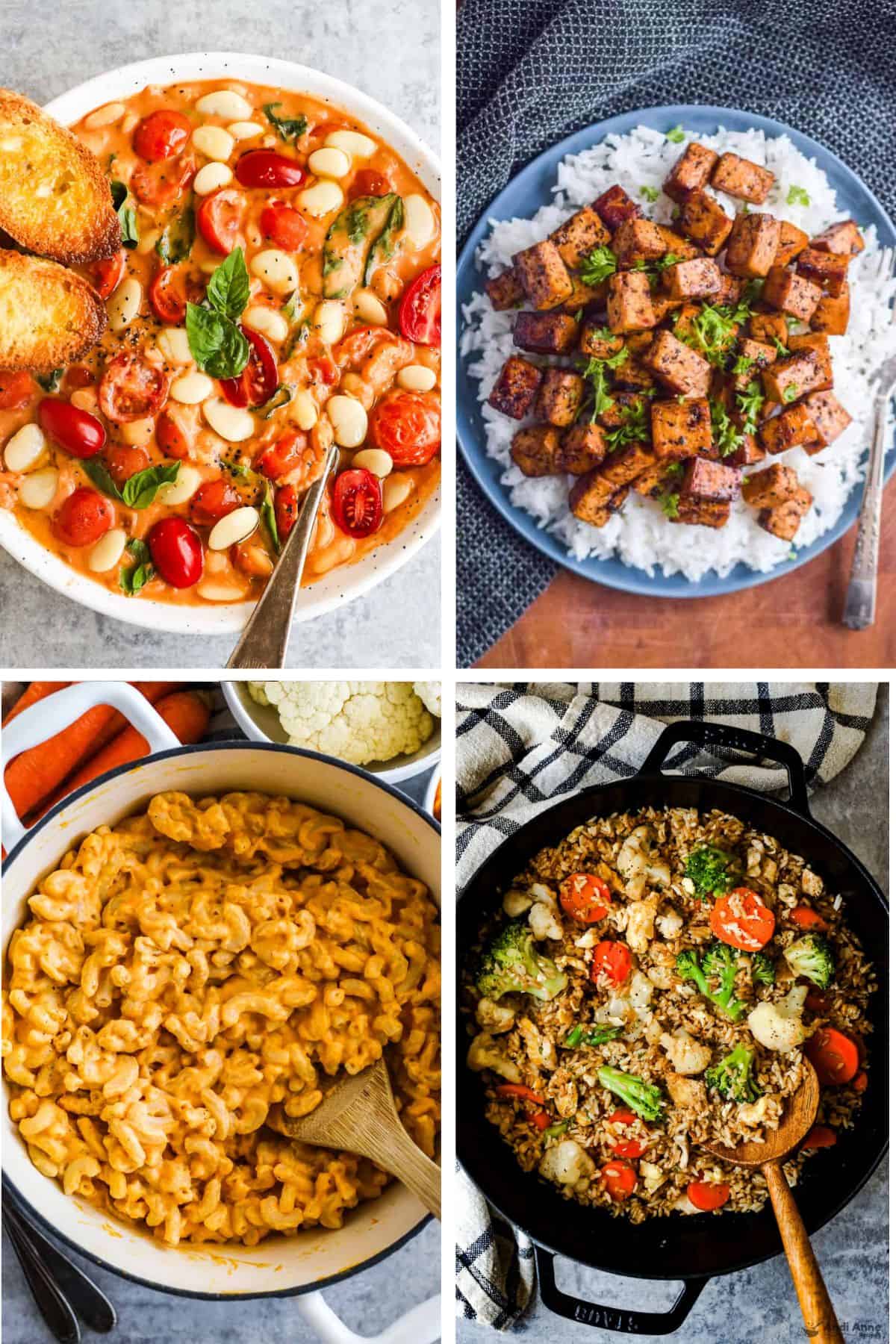 A four image collage with one pot meatless dinner, tomato basil butter beans, pan-fried tofu on a bed of rice, hidden vegetable macaroni and cheese, and fried rice with vegetables.