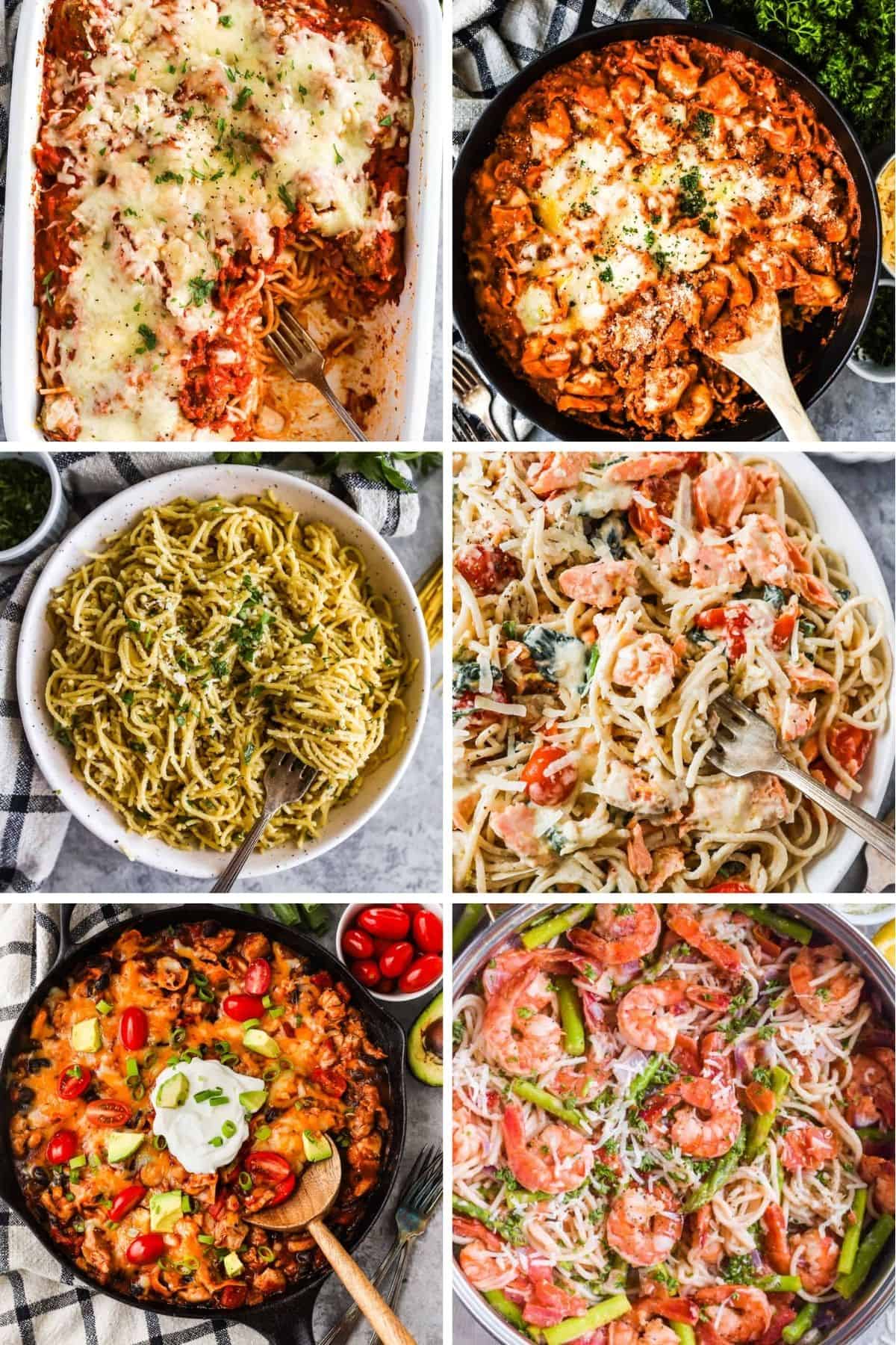A collage of six one-pot pasta dinners, spaghetti meatballs casserole, baked tortelli casserole, garlic parmesan pasta, tomato salmon pasta, taco pasta, and shrimp and asparagus pasta.
