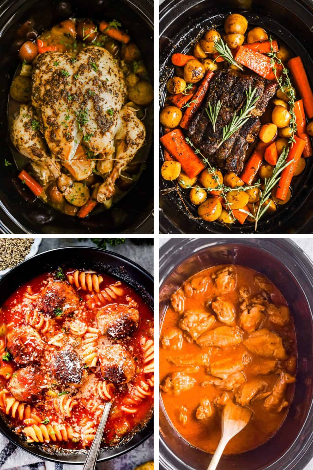 A four image collage of one pot slow cooker meals, whole roasted chicken and vegetables, pot roast with potatoes and carrots, meatball soup, and barbecue chicken wings.