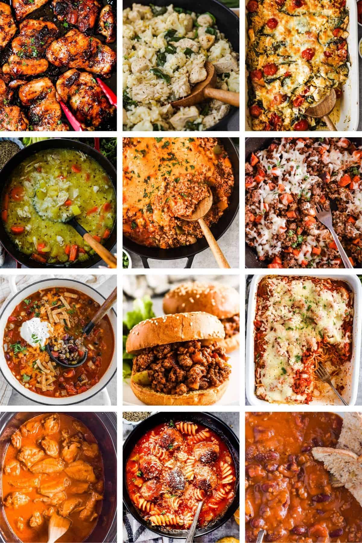 A collage of twelve one pot dinners, honey garlic chicken thighs, lemon chicken rice skillet, vegetarian tortilla soup, sloppy joes, spaghetti and meatballs casserole, slow cooker barbecue chicken wings, and homemade chili.