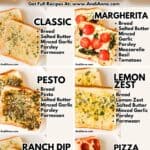 Six different garlic toast variations on a baking sheet including cheesy, pizza, pesto, lemon, ranch, and classic styles with a text overlay reading “Garlic Toast 6 Ways.”