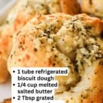 close up of garlic parmesan knots with ingredients text listed over top
