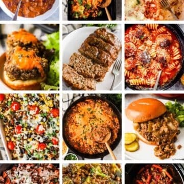A collage of twelve ground beef dinner recipes, homemade chili, cheeseburger casserole, spaghetti and meatball casserole, cheeseburger tarts, meatloaf with brown gravy, meatball soup, sheet pan nachos, cheesy beef and potatoes, Philly cheesesteak sloppy joes, ground beef and sweet potato skillet, honey garlic beef and broccoli, and slow cooker ground beef stew.