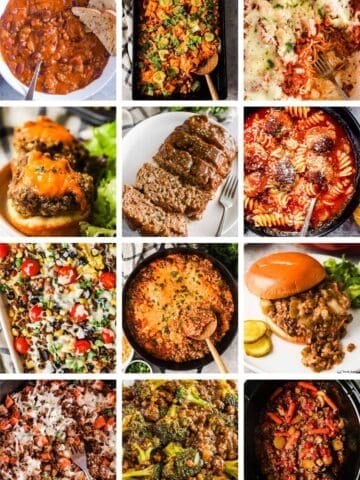 A collage of twelve ground beef dinner recipes, homemade chili, cheeseburger casserole, spaghetti and meatball casserole, cheeseburger tarts, meatloaf with brown gravy, meatball soup, sheet pan nachos, cheesy beef and potatoes, Philly cheesesteak sloppy joes, ground beef and sweet potato skillet, honey garlic beef and broccoli, and slow cooker ground beef stew.