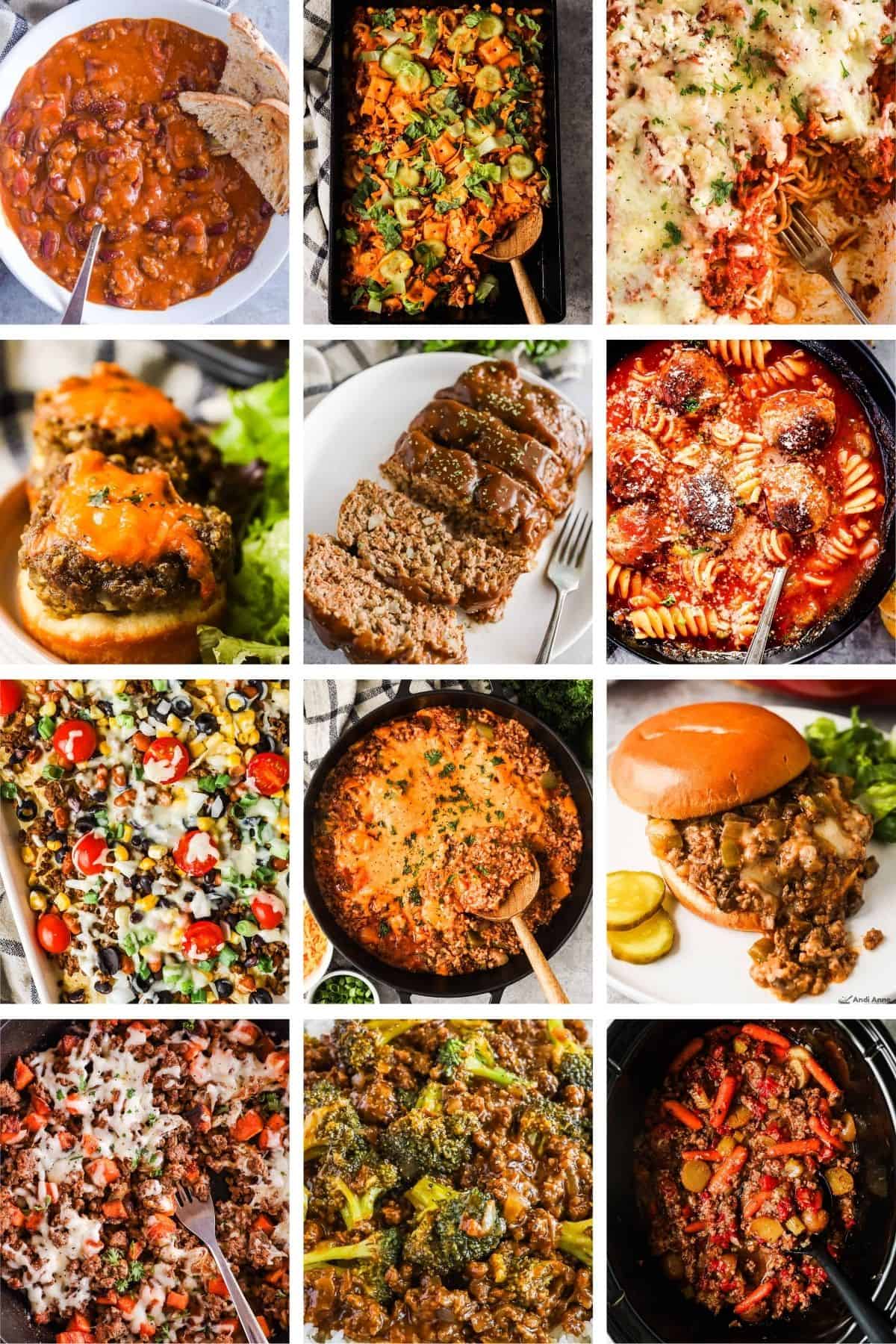 A collage of twelve ground beef dinner recipes, homemade chili, cheeseburger casserole, spaghetti and meatball casserole, cheeseburger tarts, meatloaf with brown gravy, meatball soup, sheet pan nachos, cheesy beef and potatoes, Philly cheesesteak sloppy joes, ground beef and sweet potato skillet, honey garlic beef and broccoli, and slow cooker ground beef stew.