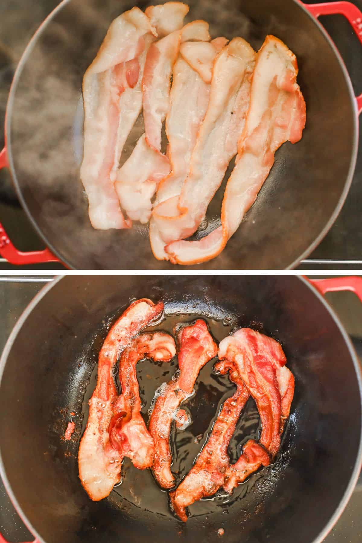 Slices of bacon are cooked in a large pot until crispy.
