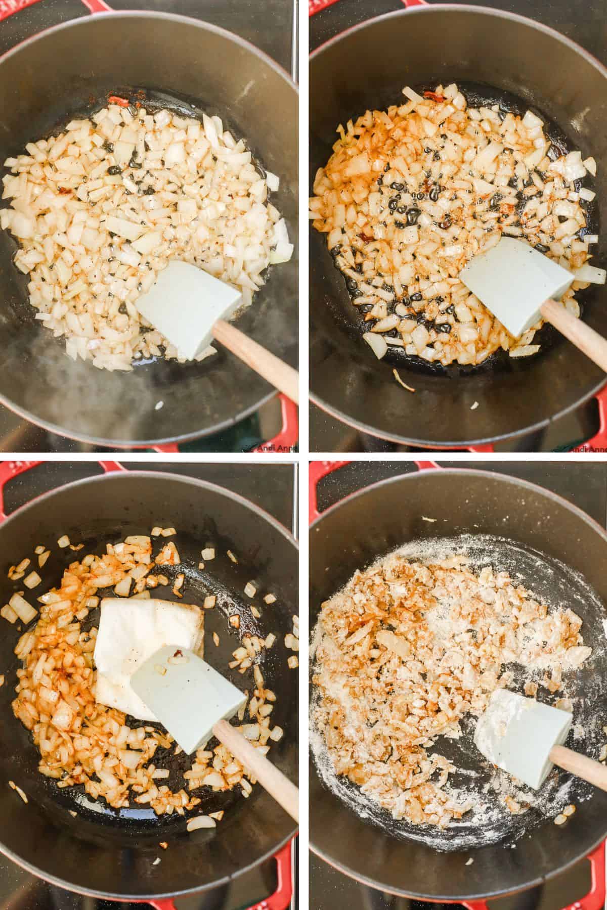Chopped onions are sauteed until softened, then garlic and flour are added.