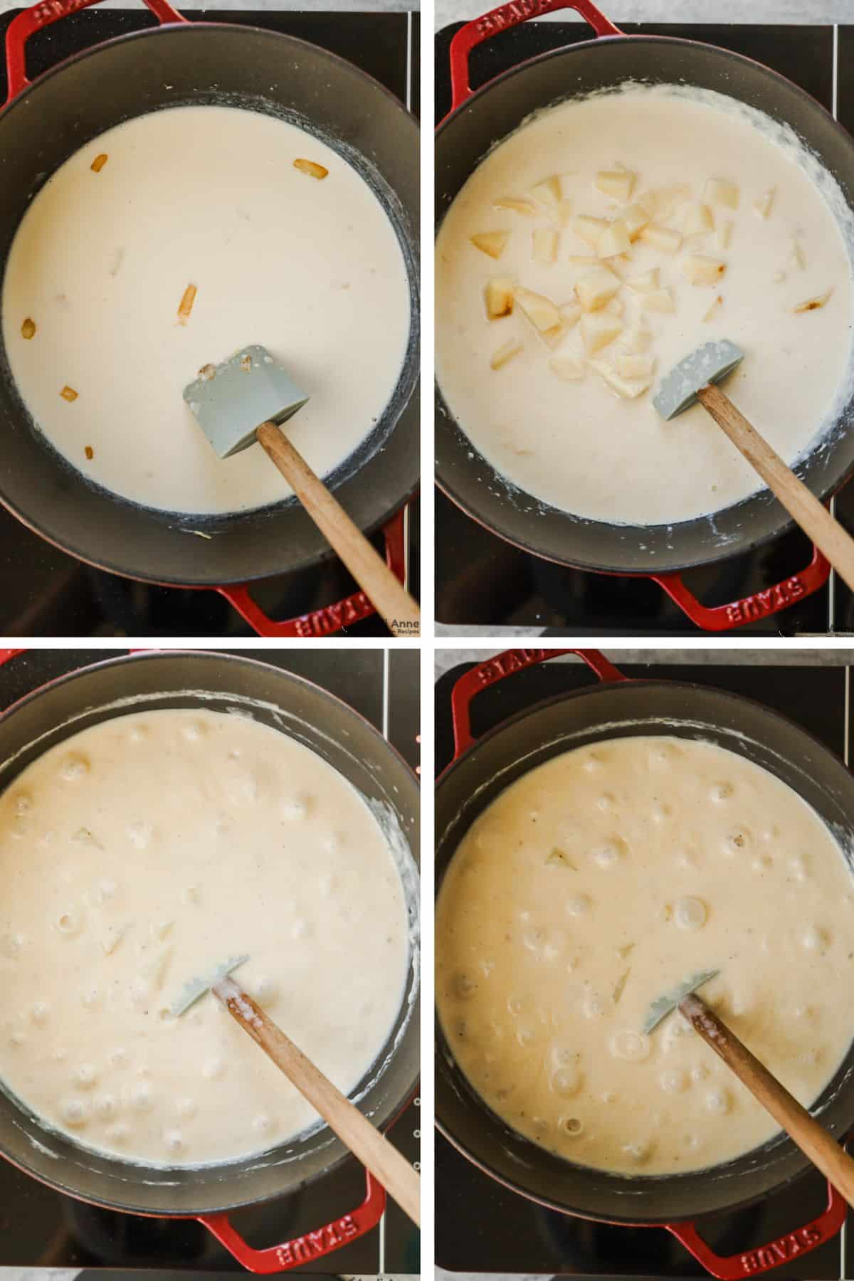 Cubed potatoes are added to the creamy soup base and cooked until tender.