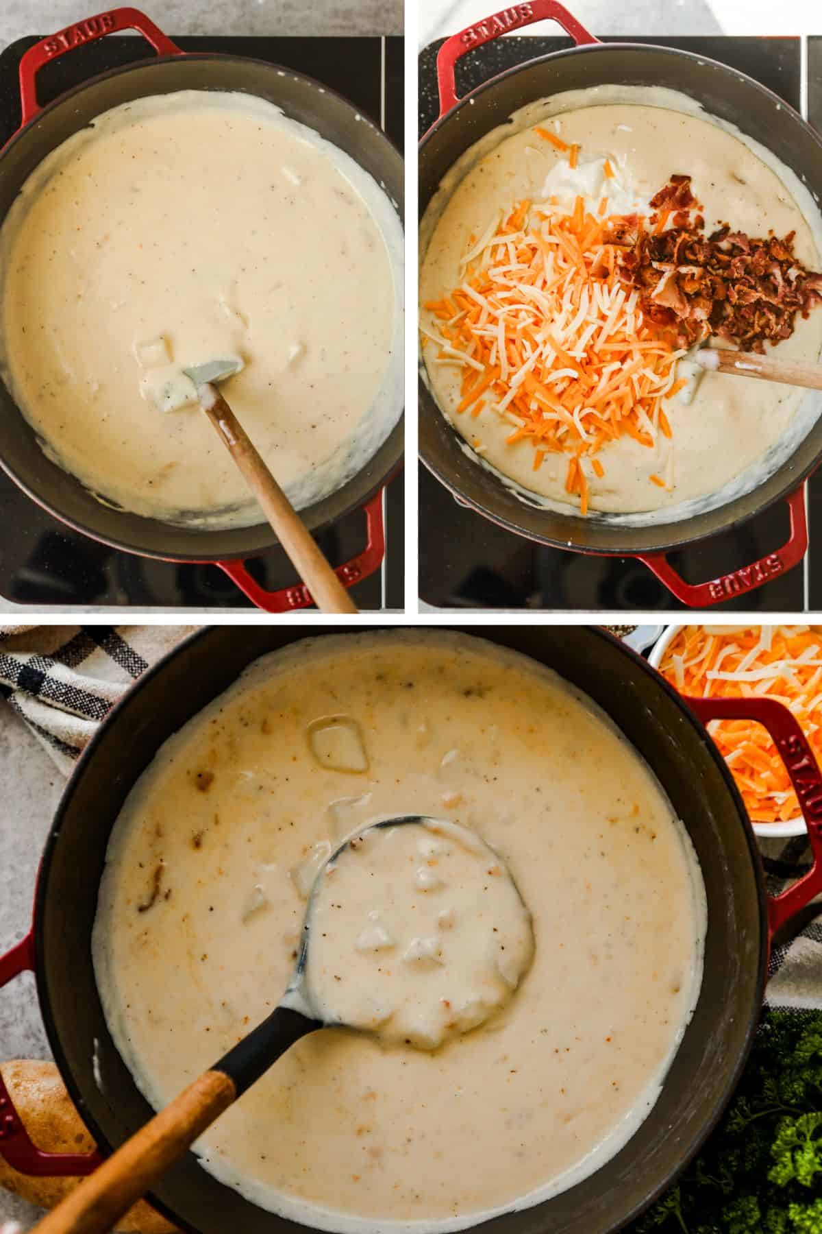 Crispy bacon, sour cream, and cheddar cheese are added to a large pot of baked potato soup.