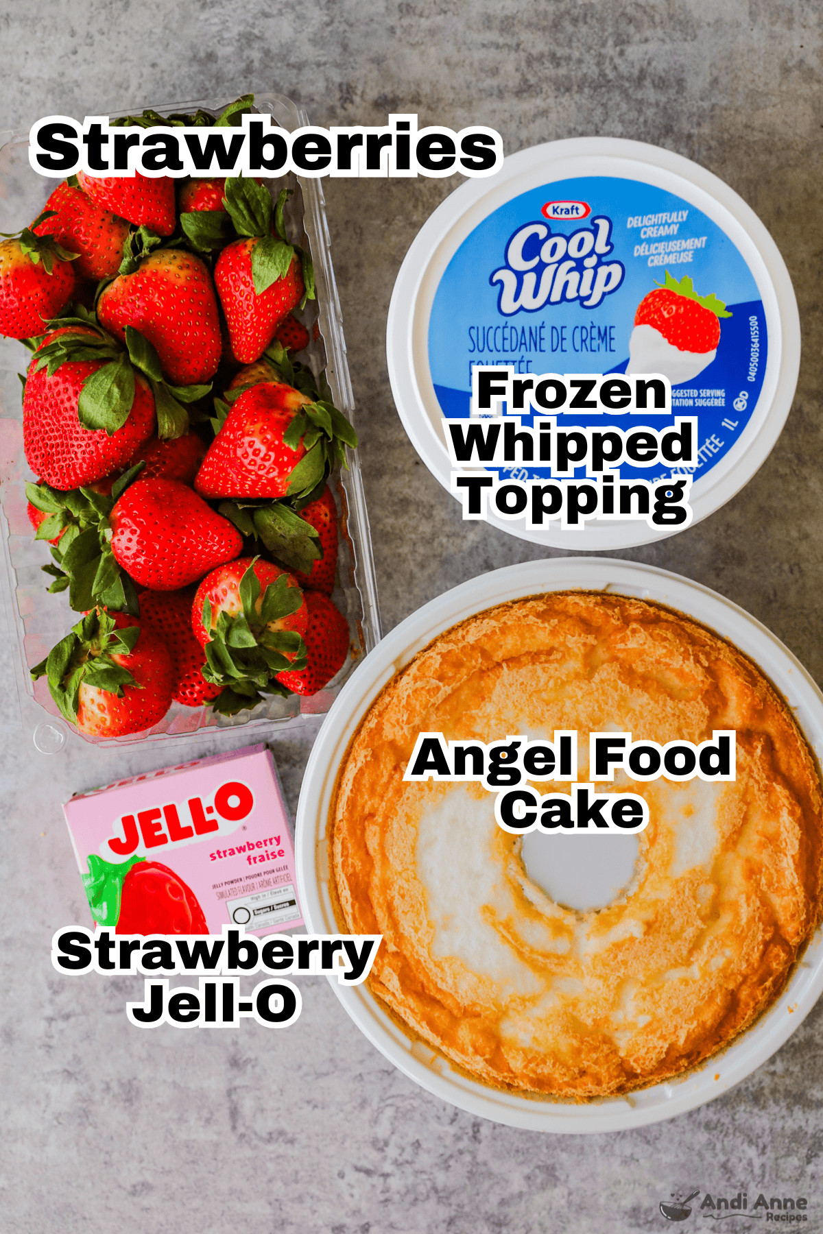 The ingredients to make a strawberry angel food cake dessert.