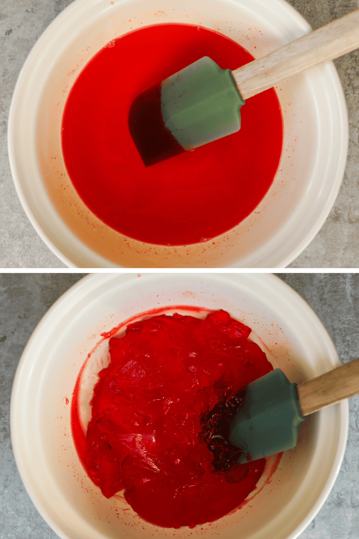 Strawberry Jell-O in a bowl, with a spatula mixing it after it has partially set.
