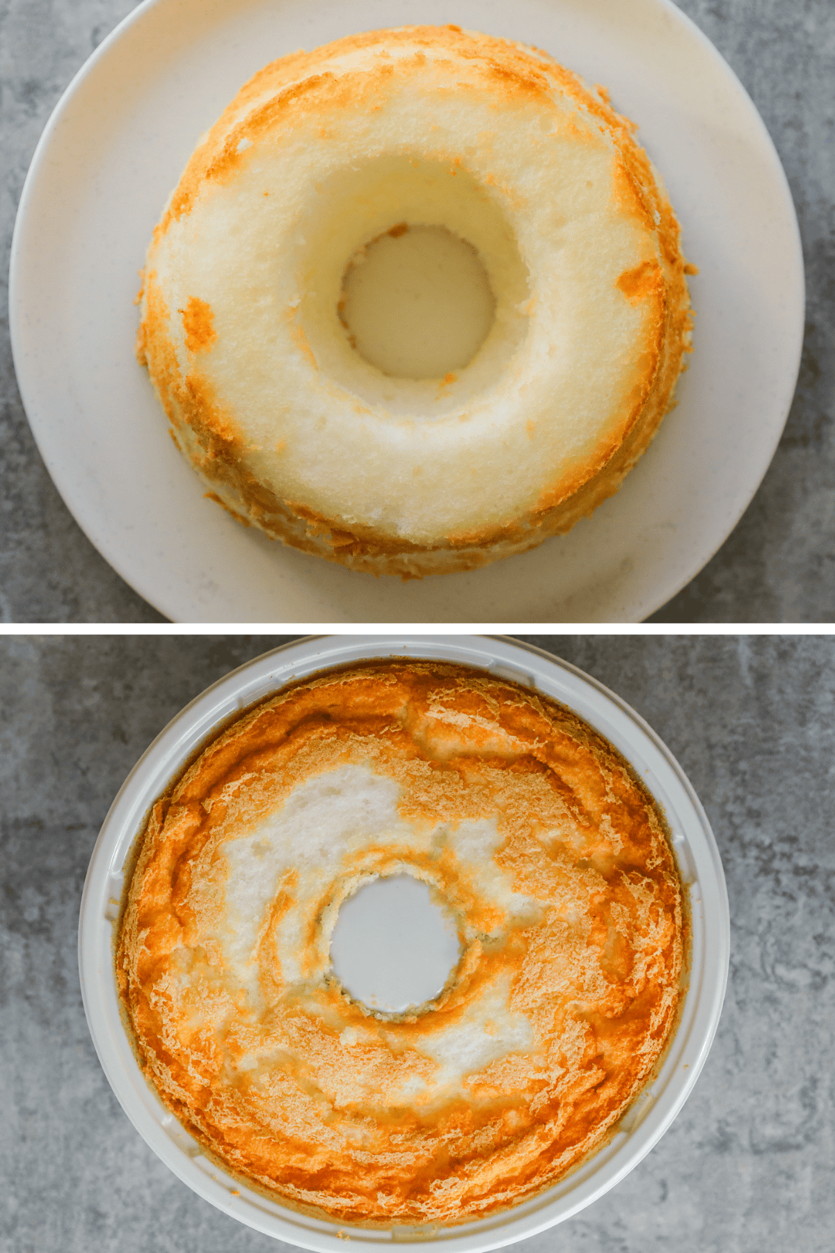 Premade angel food cake on a plate.