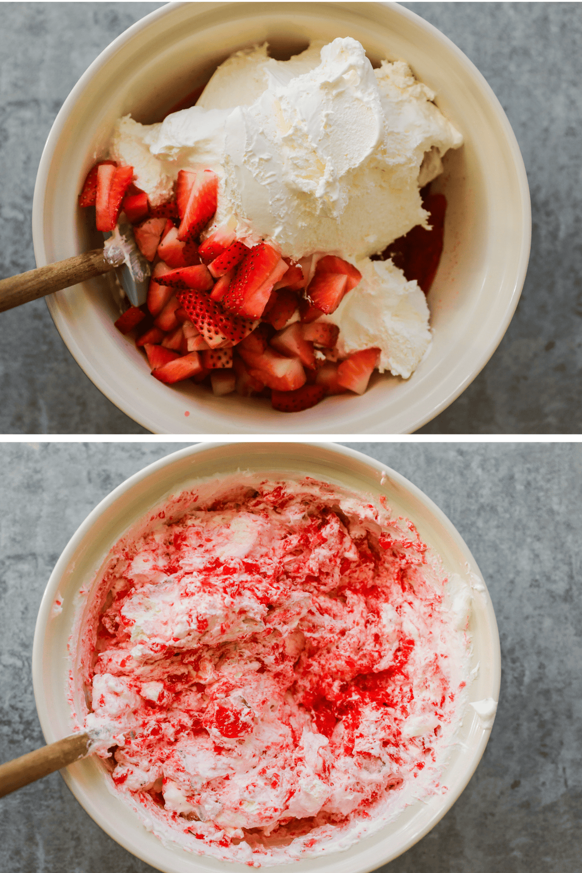 Strawberries, Cool Whip, and strawberry Jello are mixed in a bowl.