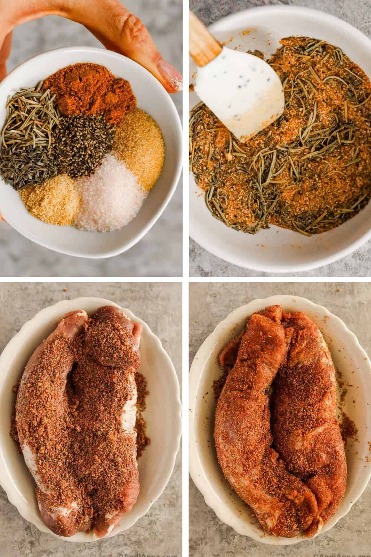 The spice rub ingredients are mixed in a bowl and then rubbed into the pork tenderloins.