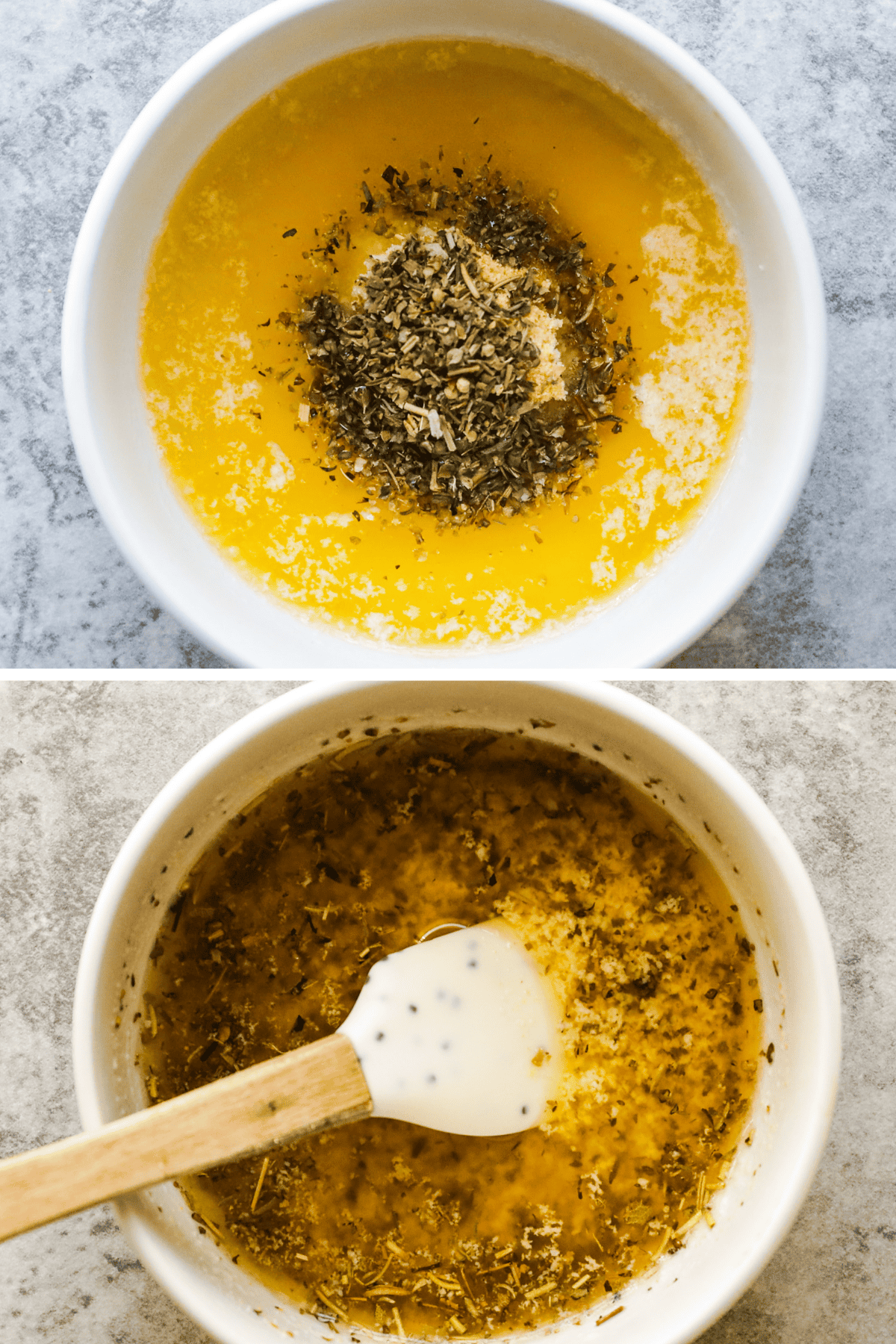 Garlic, seasonings, and parmesan cheese are mixed into melted butter.