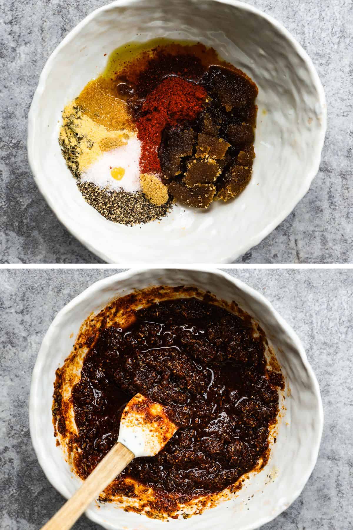 Olive oil, brown sugar, paprika, garlic powder, onion powder, thyme, salt, and pepper are in a small bowl and mixed together with a spatula.