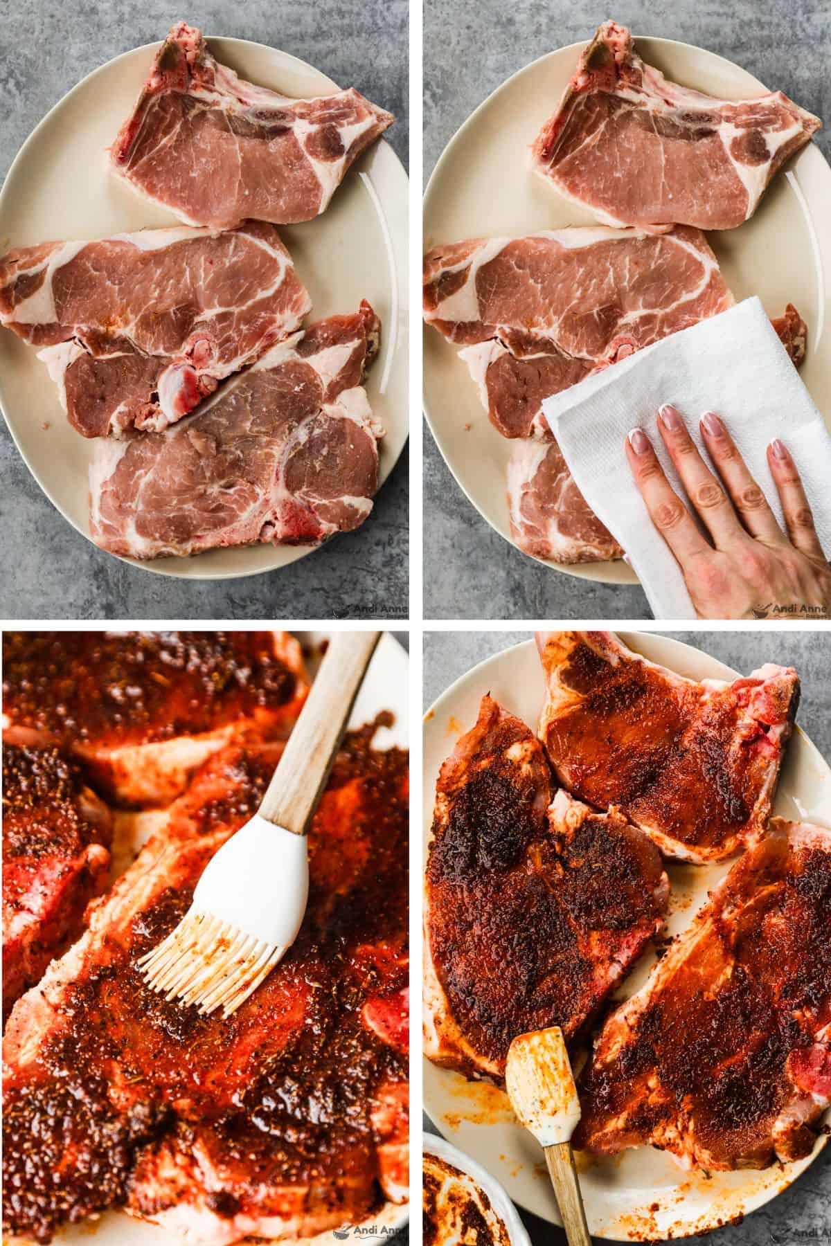 Pork chops on a plate are patted dry with a paper towel, then the seasoning mix is spread over the chops with a basting brush.