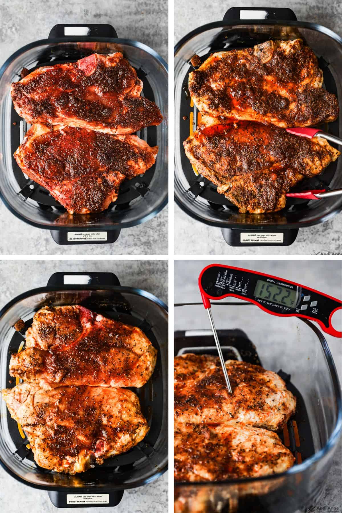 The seasoned pork chops are in the air fryer basket, the pork chops are flipped, and a meat thermometer in the pork chop reads 152.2F.